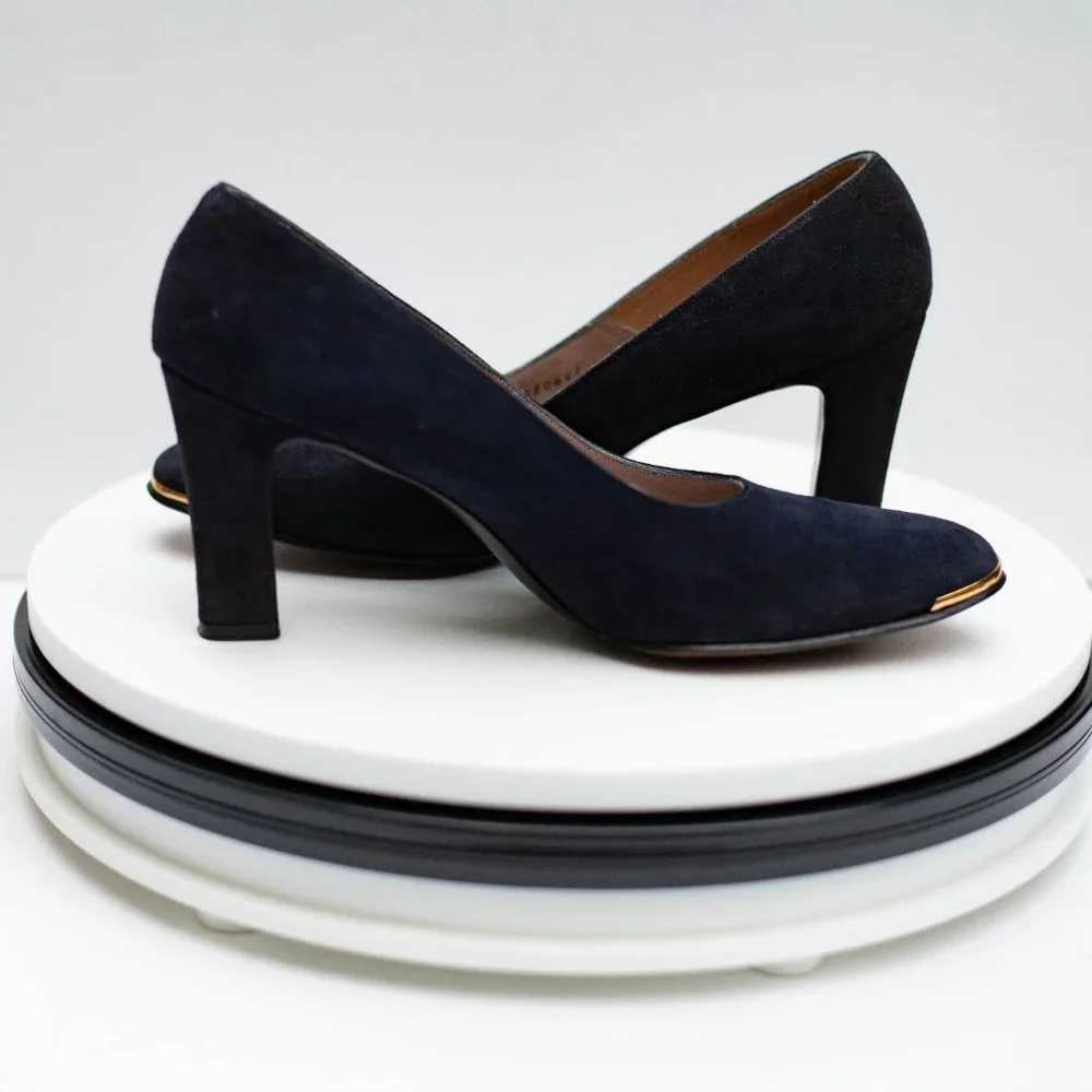 Vtg Saks Fifth Avenue Fenton Last Sued Leather Shoes Sz 9 Narrow Dark Blue Heels
